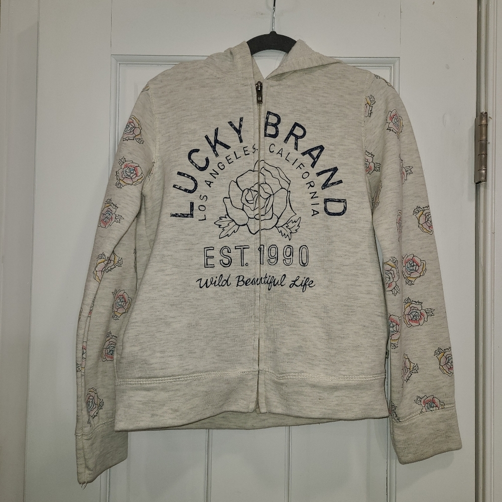 🌹LUCKY Brand Beige Gray Audrina Hoodie Fleece Sweatshirt Girls M $50 MSRP